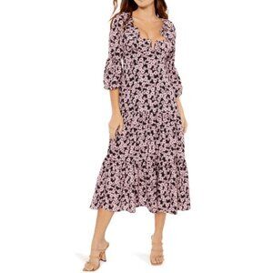 LIKELY Women's Bella Dress Floral Black Midi Ruffle Tiered Flowy Pockets Size 8